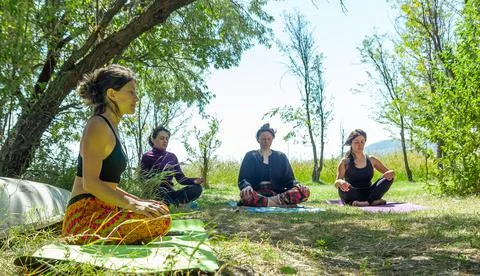 Group of people doing yoga exercise in the park Foto stock