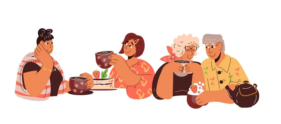 Group of people drinking coffee while chatting, vector illustration isolated. Stock Illustration