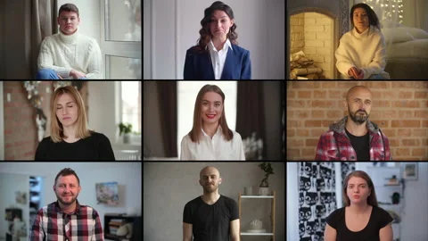 Group of people during online meeting via Zoom platform Stock Footage