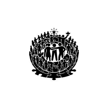 Group of people forming a circle with puzzle pieces and stars Stock Illustration