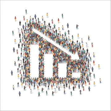Group of people forming falling chart sign with down arrow, flat vector Ilustración de archivo