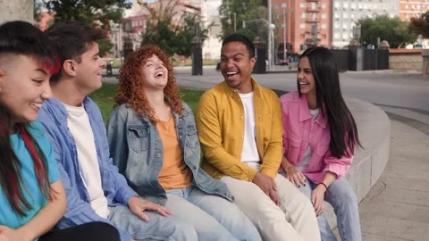 Group of people have fun. Multiracial friends enjoy in city, Youth community Stock Footage 309043492
