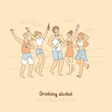 Group of people having different beverages on beach, partying with friends ou Stock Illustration