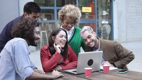 Group of people having fun doing video call outdoor at bar restaurant Stock Footage 170198962