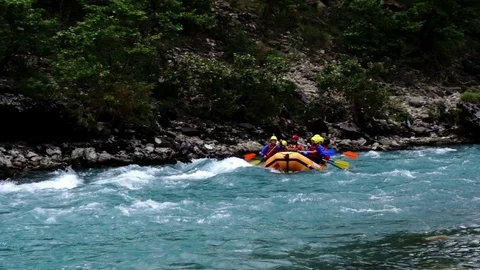 Group Of People Having Fun Rafting Adventure. Vjosa Stock Footage 104357752
