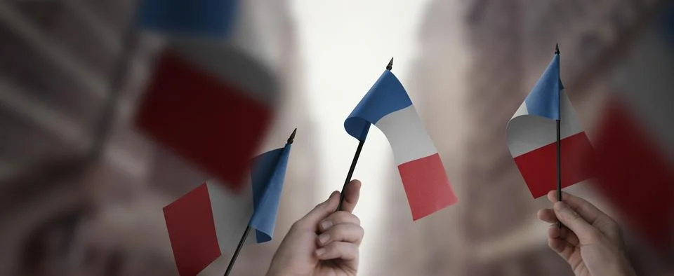 A group of people holding small flags of the France in their hands イラスト素材