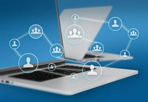 Group of people icons connected to network and laptops in the background Stock Illustration