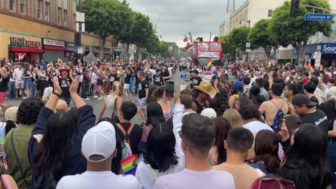 Group of people at the LA Pride Parade on Hollywood Blvd Stock Footage 243687973