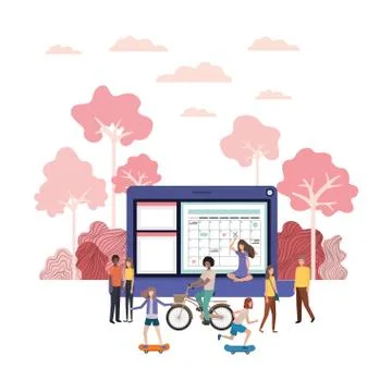 Group of people with laptop computer avatar character Stock Illustration