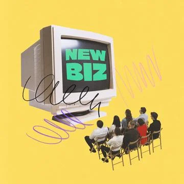 Group of people looking at retro computer screen displaying New Biz, symbolizing Stock Photos