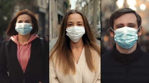 Group of people in masks, collage citizens Virus mask on street wearing face Stock Footage
