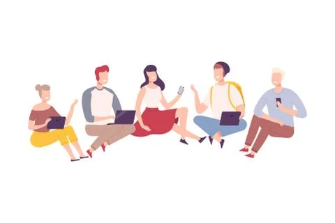 Group of People with Modern Digital Gadgets, Cheerful Young Men and Women 스톡 일러스트