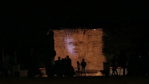 Group of people in open publict stage, at the front giant face arts installation Stock Footage 141297142
