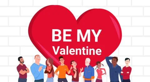 Group Of People Over Big Red Heart Happy Valentines Day Poster Ilustração Stock
