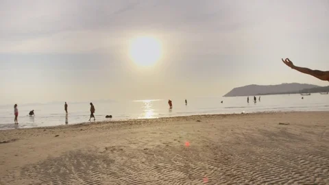 Group of people performing yoga on the beach at sunset Stock Footage 74778956