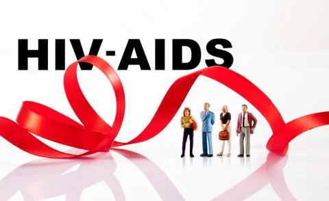 A group of people pose in front of a red ribbon to prevent against me AIDS 스톡 일러스트