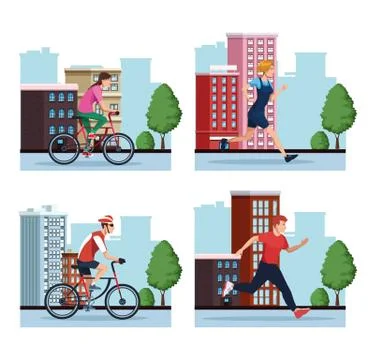 Group of people practicing exercise on the city scenes Illustrazione stock