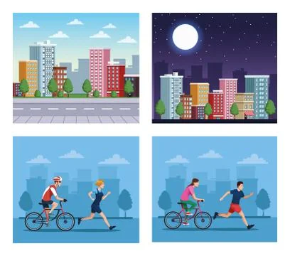 Group of people practicing exercise on the city scenes Illustrazione stock