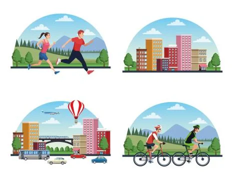 Group of people practicing exercise on the city scenes Illustrazione stock