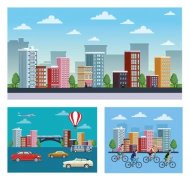 Group of people practicing exercise on the city scenes Illustrazione stock