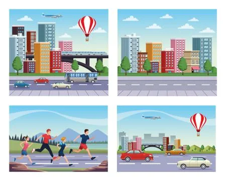 Group of people practicing exercise on the city scenes Illustrazione stock