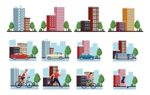 Group of people practicing exercise on the city scenes Illustrazione stock