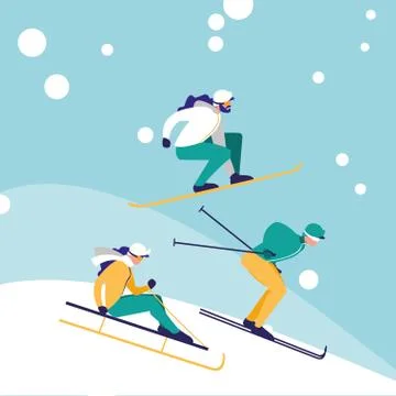 Group of people practicing skiing on ice avatar character Stock Illustration