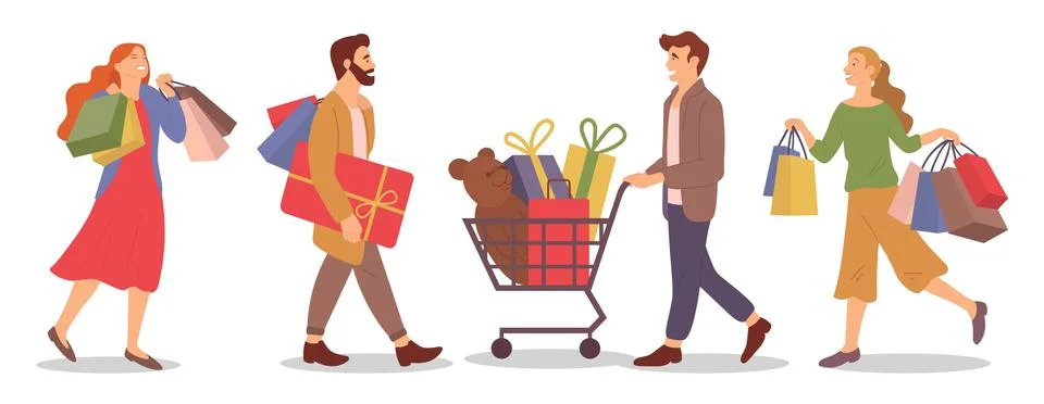 A group of people with presents and boxes in their hands. Customers buy gifts Stock Illustration