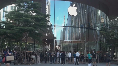 A group of people queue to buy the new iPhone 14. Stock Footage 211794247
