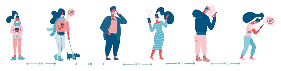 Group of People in Queue, Social Distancing Concept Protection, Prevention of Stock Illustration