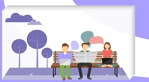 A group of people resting on a park bench and reading newspapers. Stock Illustration