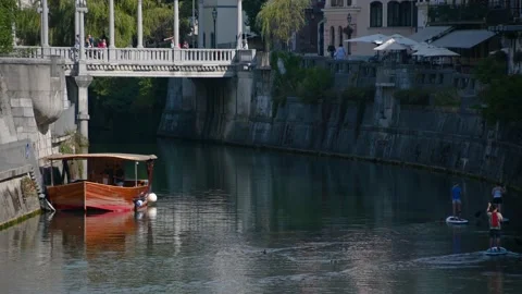 Group of people rowing on the SUP board on Ljubljanica river Stock Footage 162252646