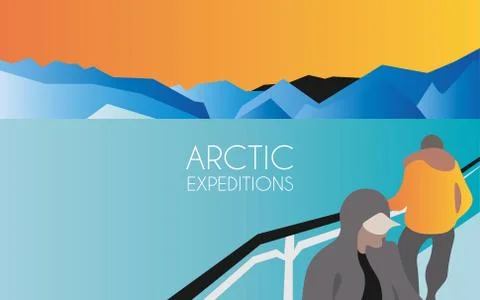 A group of people sail on a ship in the cold North Sea. Icebergs and sunset o Stock Illustration