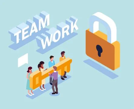Group of people with security padlock and key , teamwork Stock Illustration