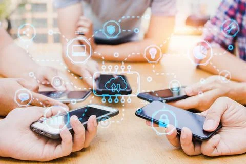 Group of people share cloud data on phone, holding mobile phone with virtua.. Stock-Fotos
