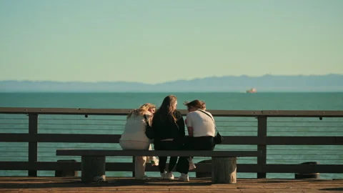 Group of people siting on a bench enjoying the views of the Pacific Ocean Видео 341665260
