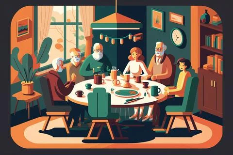 A group of people sitting around a table eating food and drinking coffee an.. Illustrazione stock