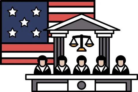 A group of people sitting at a table with a flag behind them Stock Illustration