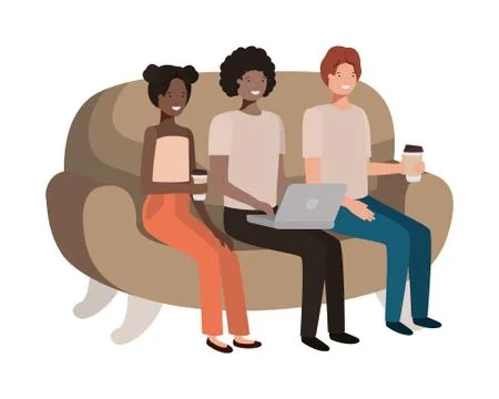 Group of people in sofa drinking coffee avatar character Stock Illustration