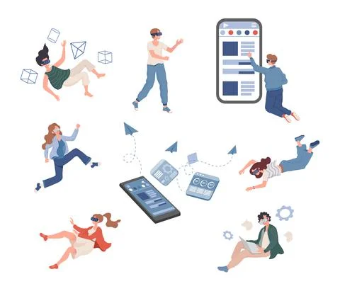 Group of people spending time in virtual reality vector flat illustration Stock Illustration
