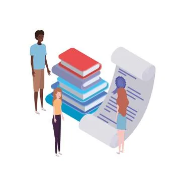 Group of people with stack of books on white background Stock Illustration
