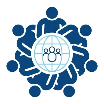 A group of people standing around a globe with a team icon in the center vect Stock Illustration