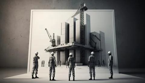 A group of people standing in front of a building under construction with a.. Ilustración de archivo