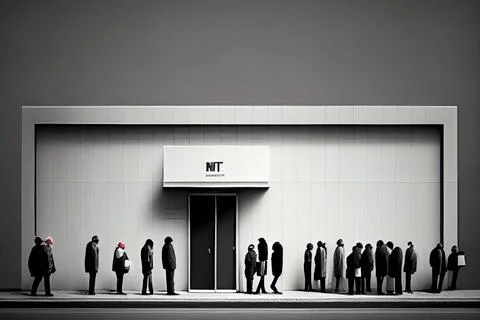 A group of people standing in front of a building with a door and a sign mi.. Ilustración de archivo