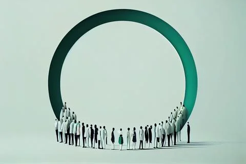 A group of people standing in front of a large green object with a circle o.. Stock Illustration