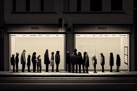 A group of people standing in front of a store window at night time all dre.. Ilustración de archivo