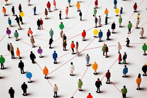 A group of people standing in a network of lines and dots all connected by .. Illustrazione stock