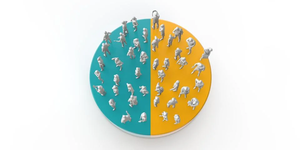 Group of people standing on a pie chart. public voting and statistic. 3D Render Stock Illustration