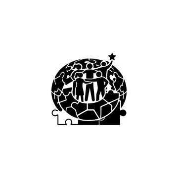 Group of people standing on a puzzle globe with a star icon Stock Illustration