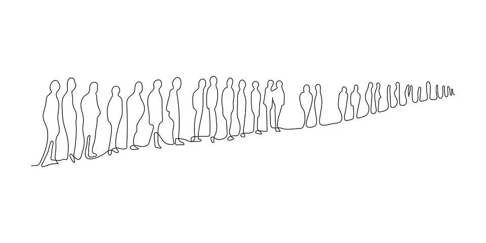 Group of people standing in queue, continuous one line drawing. Crowd of people Stock Illustration